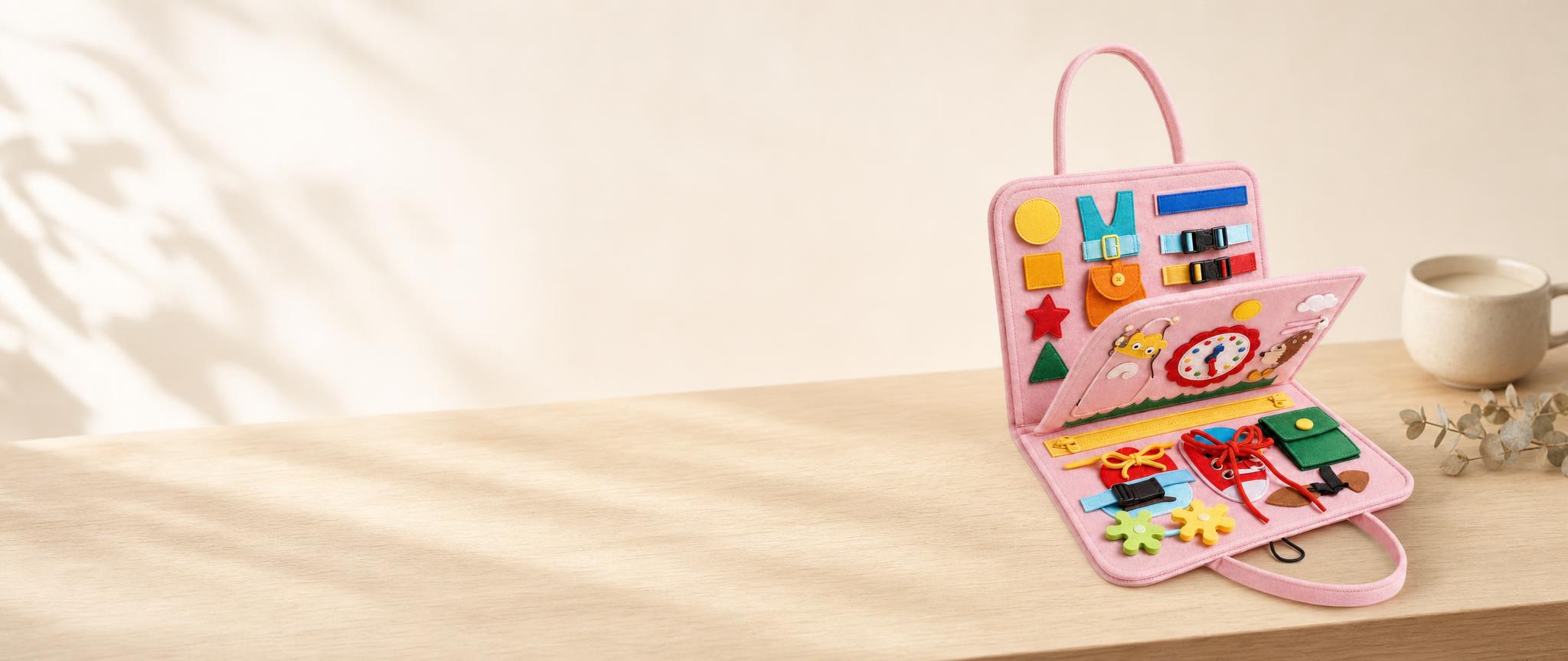 Libro sensorial Montessori Manina de fieltro rosa abierto sobre una mesa de madera