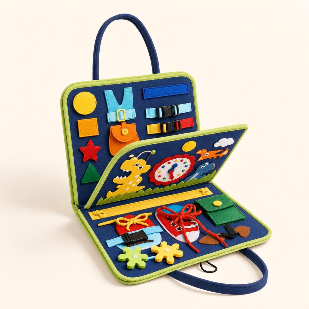 Libro sensorial Montessori Manina de fieltro azul abierto con sus actividades (azul)