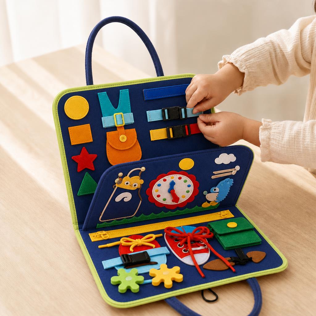 Manos de un niño abrochando una hebilla del libro sensorial azul (azul)