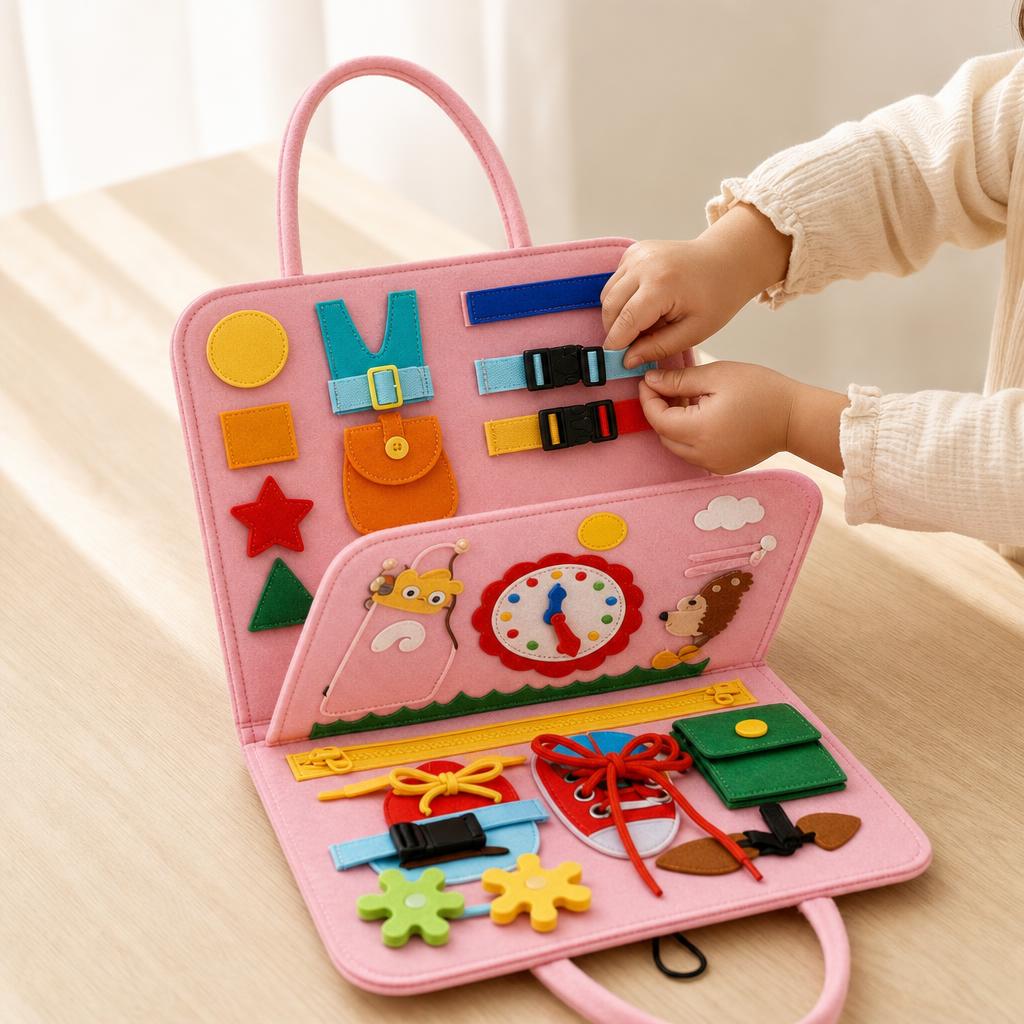Manos de un niño abrochando una hebilla del libro sensorial (rosa)