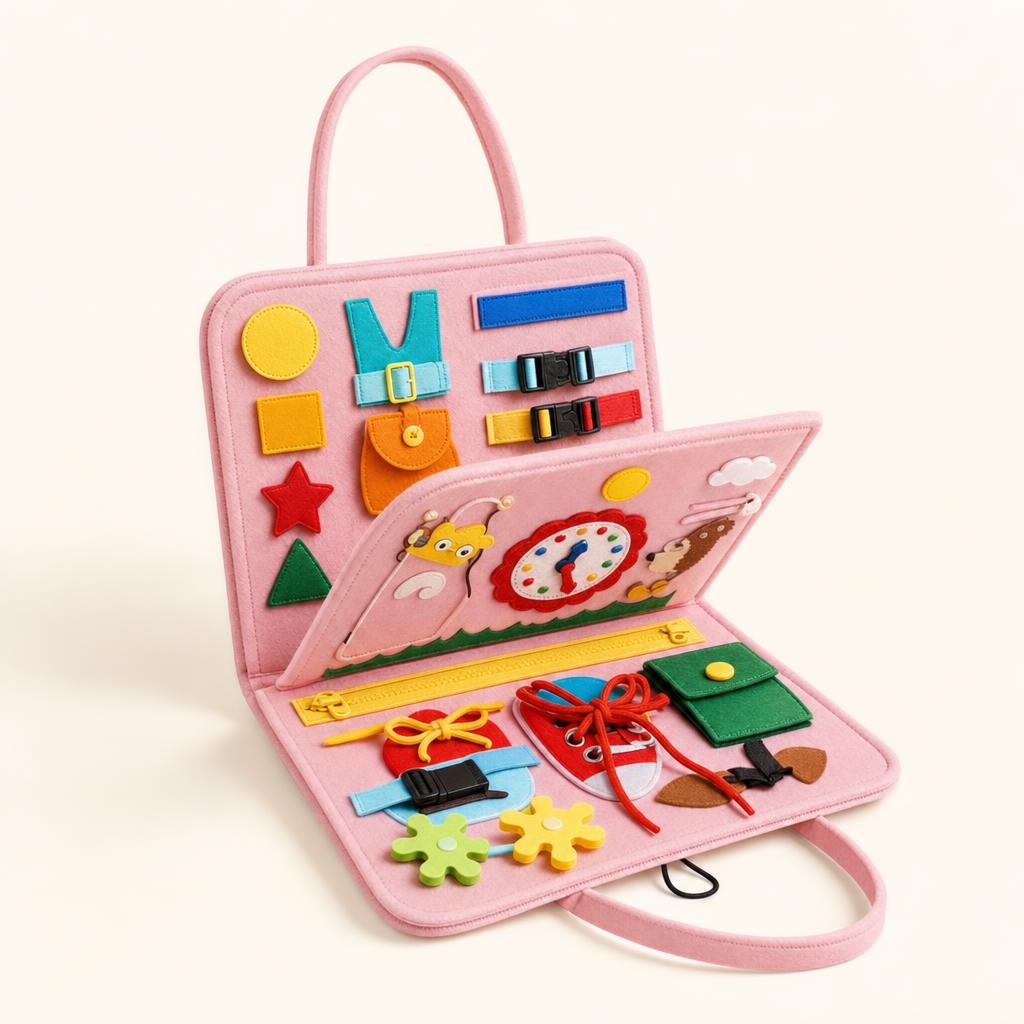 Libro sensorial Montessori Manina de fieltro rosa abierto con sus actividades (rosa)