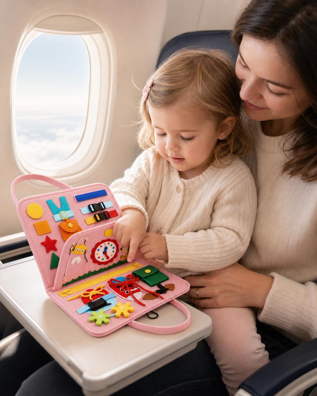 Niña jugando con el libro sensorial en un avión (rosa)