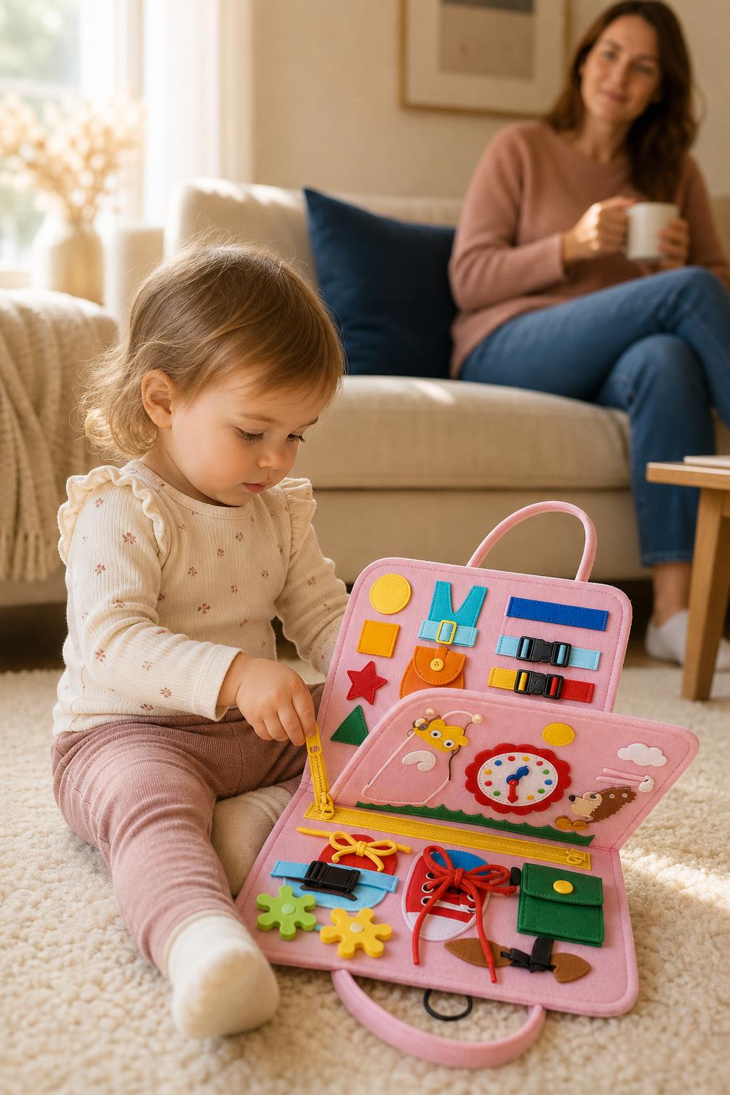 Niña jugando con el libro sensorial en casa (rosa)